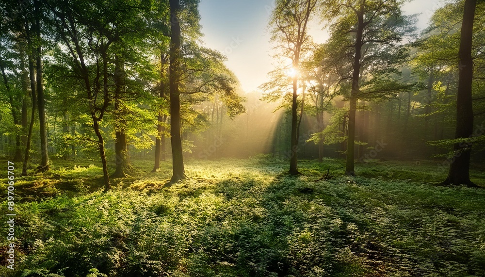 Fototapeta premium The peaceful and quiet beauty of a forest glade with scattered sun rays. A forest on a beautiful day with sun rays breaking through