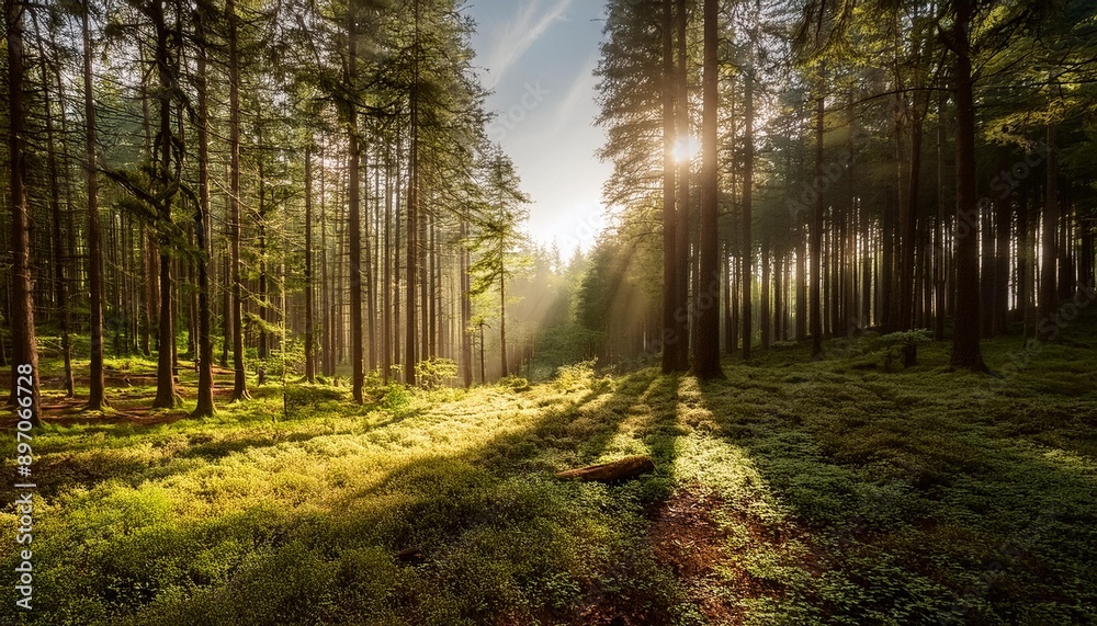Fototapeta premium The peaceful and quiet beauty of a forest glade with scattered sun rays. A forest on a beautiful day with sun rays breaking through