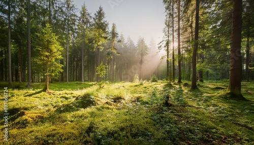 The peaceful and quiet beauty of a forest glade with scattered sun rays. A forest on a beautiful day with sun rays breaking through photo