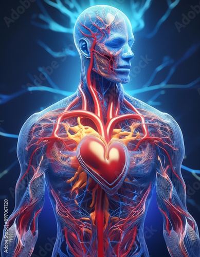 Vivid and detailed abstract visualization of the human circulatory system with heart