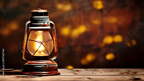 Old rusty vintage lamp with panoramic bokeh background, perfect for nostalgic and rustic-themed designs and vintage decor.