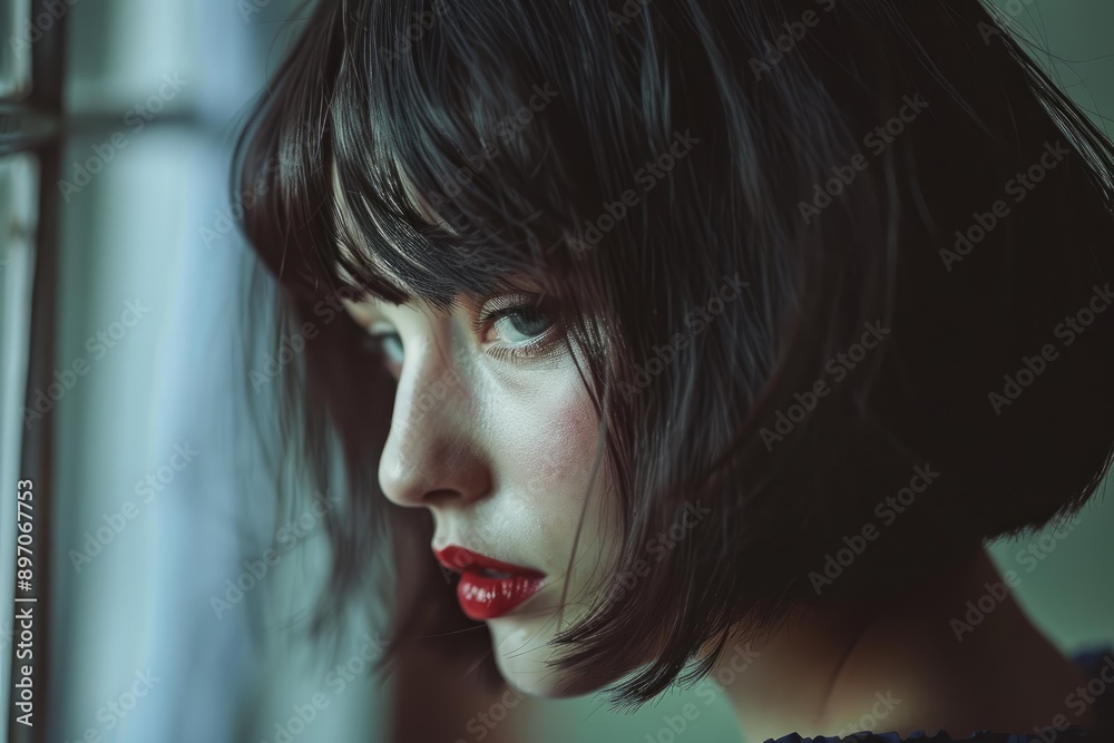 Beautiful young woman with dark hair and red lipstick posing by a window in natural light