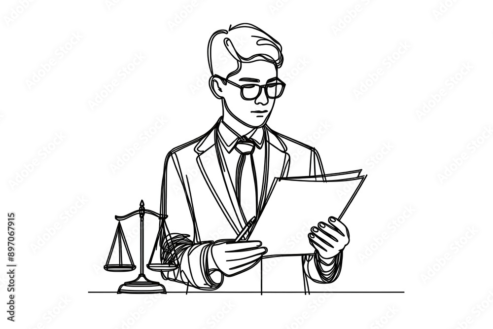 continuous single line art drawing of a college student conducting mock trial, wearing suit and holding legal documents. single line art vector. Back to school themed Illustration concept. continuous single line art drawing of a college student conducting mock trial, wearing suit and holding legal documents. single line art vector. Back to school themed Illustration concept.
