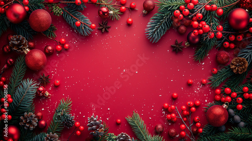 Creative christmas framei on red background. Xmas and New Year holiday, banner, postcard, invitation, celebration. Flat lay, top view photo