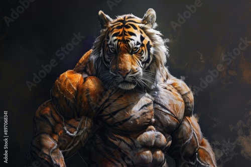 Powerful tiger showing muscles and strength, a hyperrealistic illustration