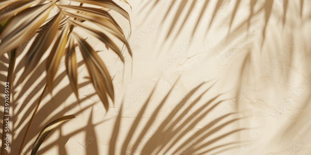 Fototapeta premium A palm leaf casting a shadow on a textured wall