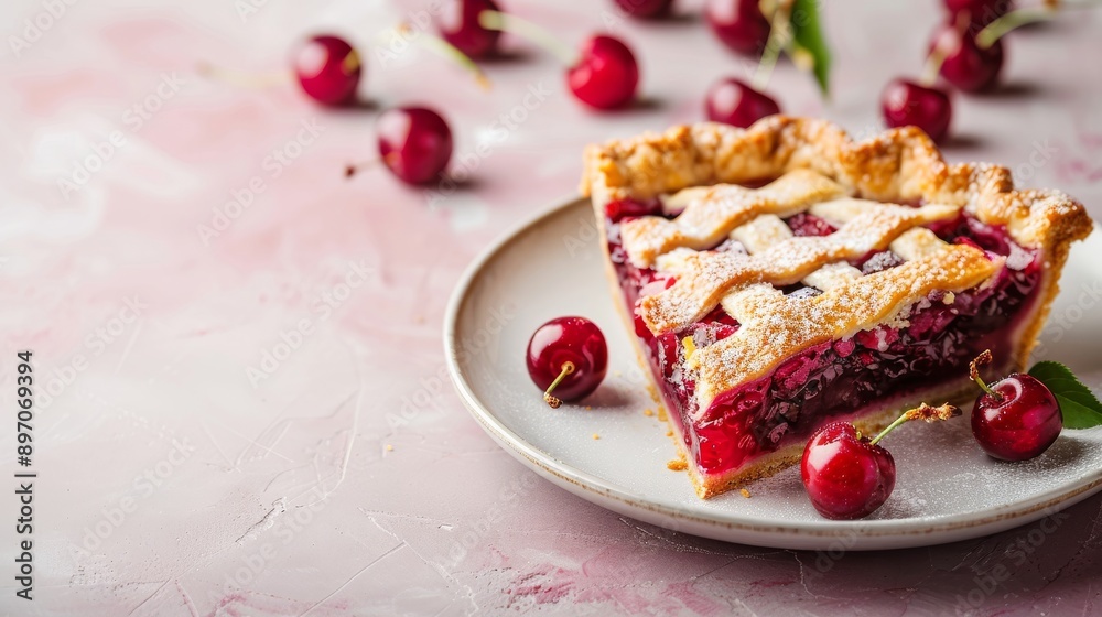 A Slice of Cherry Pie with Fresh Cherries on a Plate A Slice of Cherry Pie with Fresh Cherries on a Plate
