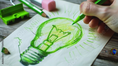 The green light bulb drawing photo