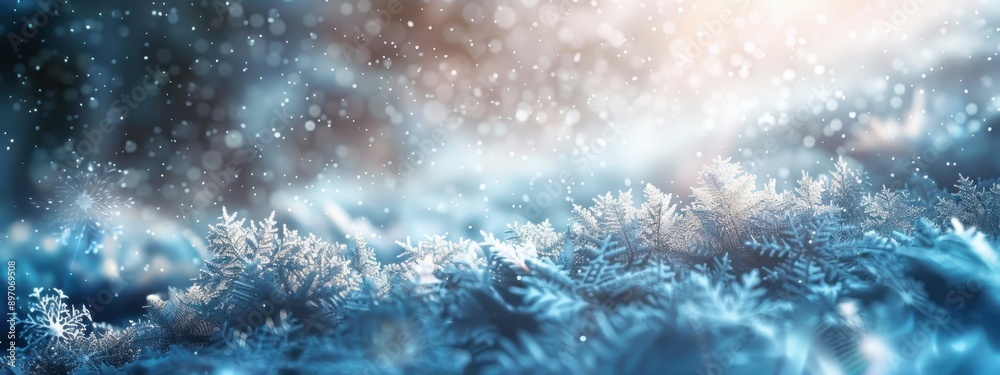 Snowflakes are falling on snowy ground during a winter sunset with bokeh. Snowflakes are falling on snowy ground during a winter sunset with bokeh.