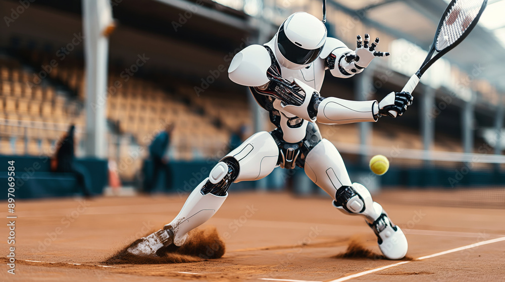Fototapeta premium Humanoid robot playing tennis on a clay court, hitting a tennis ball with a racket, with blurred spectators in the background.
