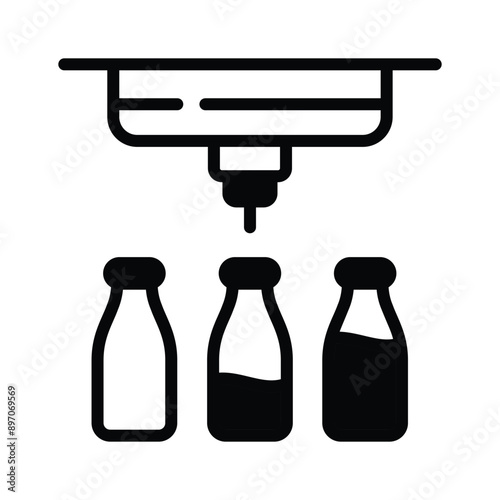 Milk bottles filling with machines, concept icon of mass milk production