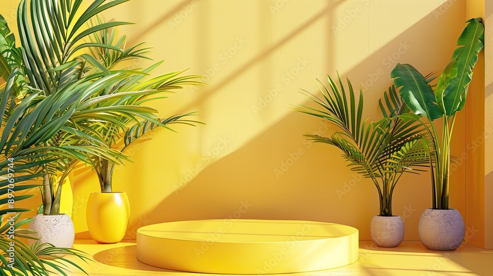 Minimal yellow podium for product display, set in a 3D summer scene with tropical accents and a clean, abstract background. Minimal yellow podium for product display, set in a 3D summer scene with tropical accents and a clean, abstract background.