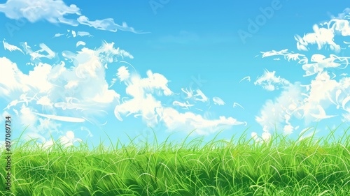 Abstract background with Beautiful grass meadow landscape with a blue sky and white clouds. Summer theme