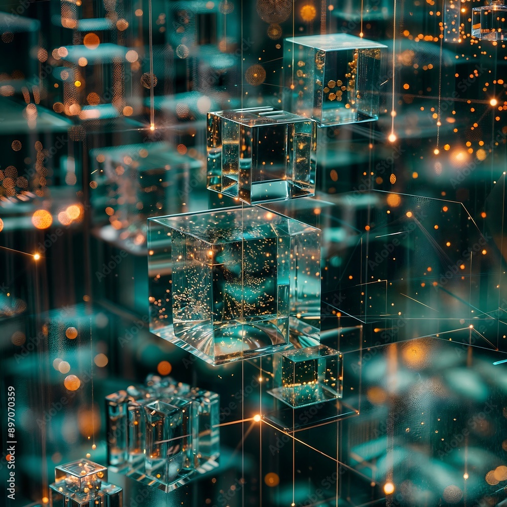 background abstract digital landscape with floating holographic cubes ...