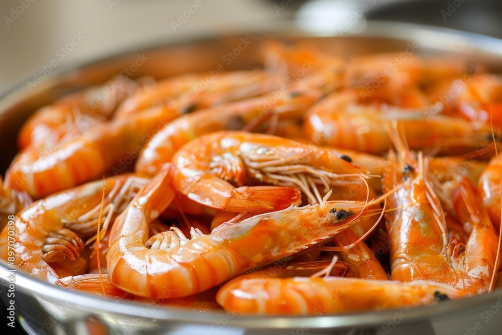 Cooked tiger prawns are piled up in a stainless steel bowl, ready to be served Cooked tiger prawns are piled up in a stainless steel bowl, ready to be served
