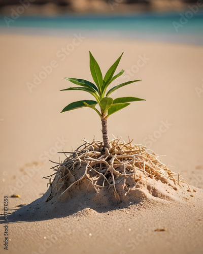 Pequeña palmera en la arena de una playa tropical