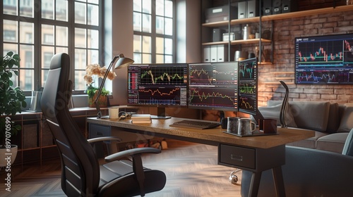 Modern trading desk with multiple monitors displaying stock market data in an urban office setting.