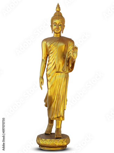 Sticker Ancient golden buddha statue standing on white background with clipping path,fro