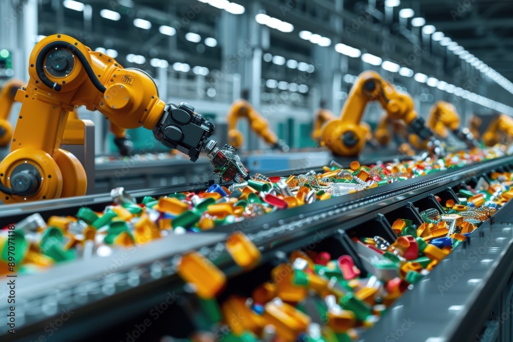 A row of yellow robotic arms efficiently sorting various colorful plastic items on a conveyor belt in a modern, brightly lit factory environment.