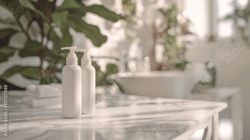 Two White Pump Bottles on a Marble Tabletop