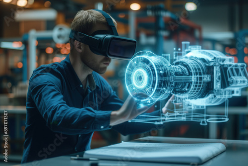 A male engineer wearing a VR headset interacts with a detailed holographic model, showcasing advanced virtual reality technology for mechanical design in an industrial setting.  photo