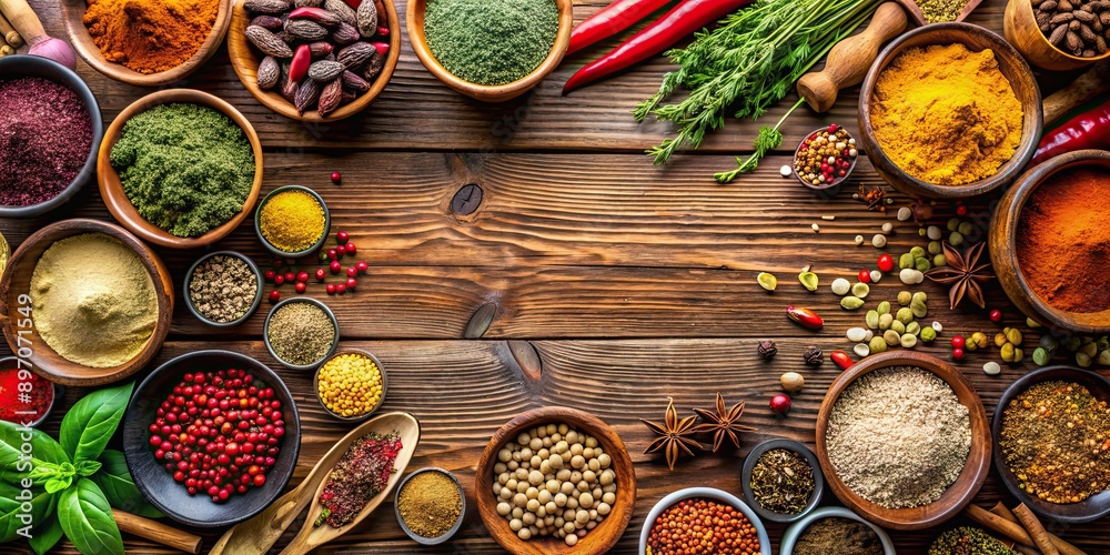 Variety of colorful spices and herbs on a wooden background, spices, herbs, seasoning, culinary, flavor, ingredients Variety of colorful spices and herbs on a wooden background, spices, herbs, seasoning, culinary, flavor, ingredients