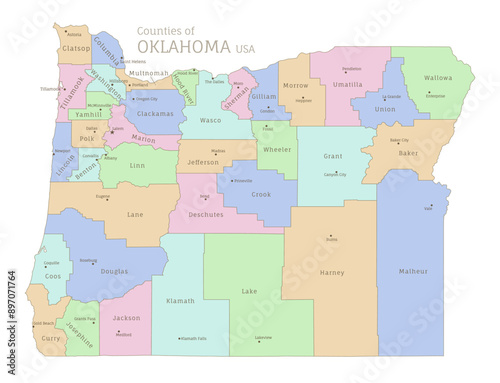 Counties of Oregon, administrative map of USA federal state. Highly detailed color map of Oregon American region with territory borders and counties names labeled vector illustration