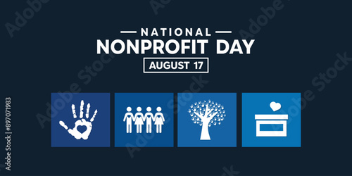 National Nonprofit Day. Hand, people, heart, tree, and box. Great for cards, banners, posters, social media and more. Dark blue background
