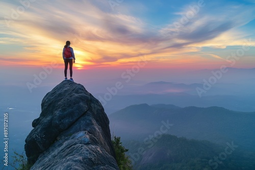Photo of a woman hiking with a backpack and standing on top of mountain and looking at beautiful view, concept of success in hiking or trekking, copy space for text.