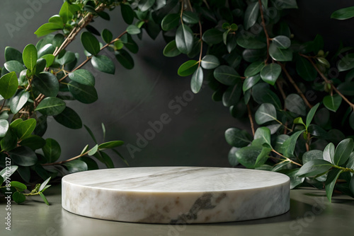 round thin podium for product display, made o   white marble with Decorated around with ivy