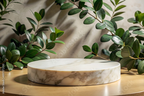 round thin podium for product display, made o   white marble with Decorated around with ivy