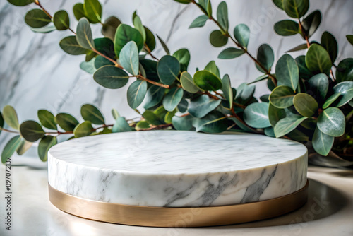 round thin podium for product display, made o   white marble with Decorated around with ivy