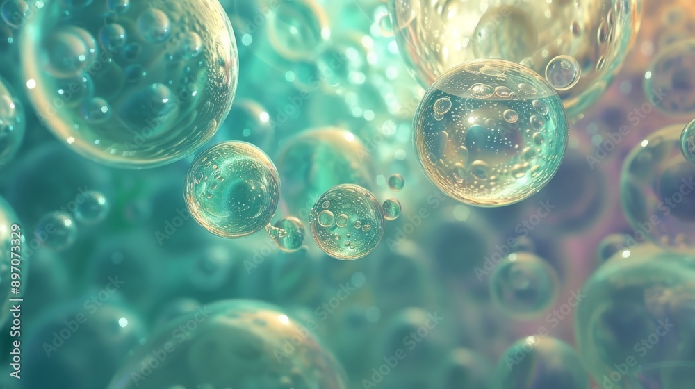 Abstract Close-Up of Iridescent Bubbles in Aqua and Gold Tones Abstract Close-Up of Iridescent Bubbles in Aqua and Gold Tones