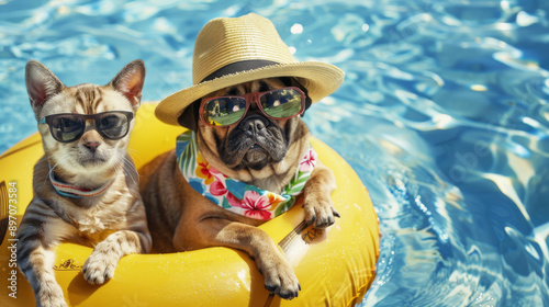Cat and dog wearing sunglasses and hat, enjoying a sunny day in the pool on a yellow float, embodying a fun summer vacation vibe. photo