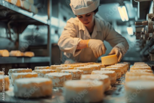 Close-up of workers inspecting and flipping cheese wheels in an aging room detailed textures and precision photo