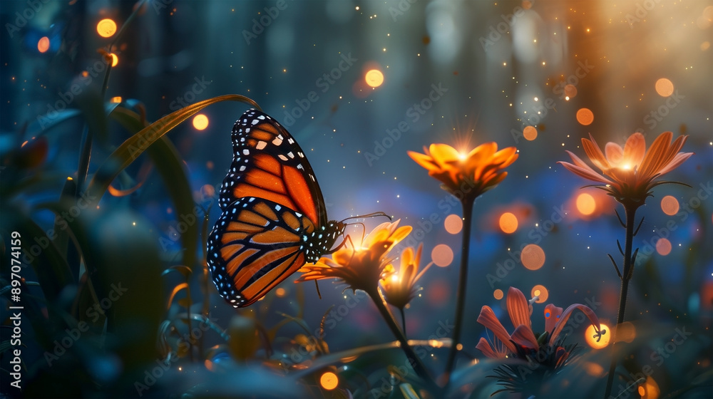A vibrant monarch butterfly rests delicately on a blooming flower, illuminated by a warm, magical glow in a serene A vibrant monarch butterfly rests delicately on a blooming flower, illuminated by a warm, magical glow in a serene