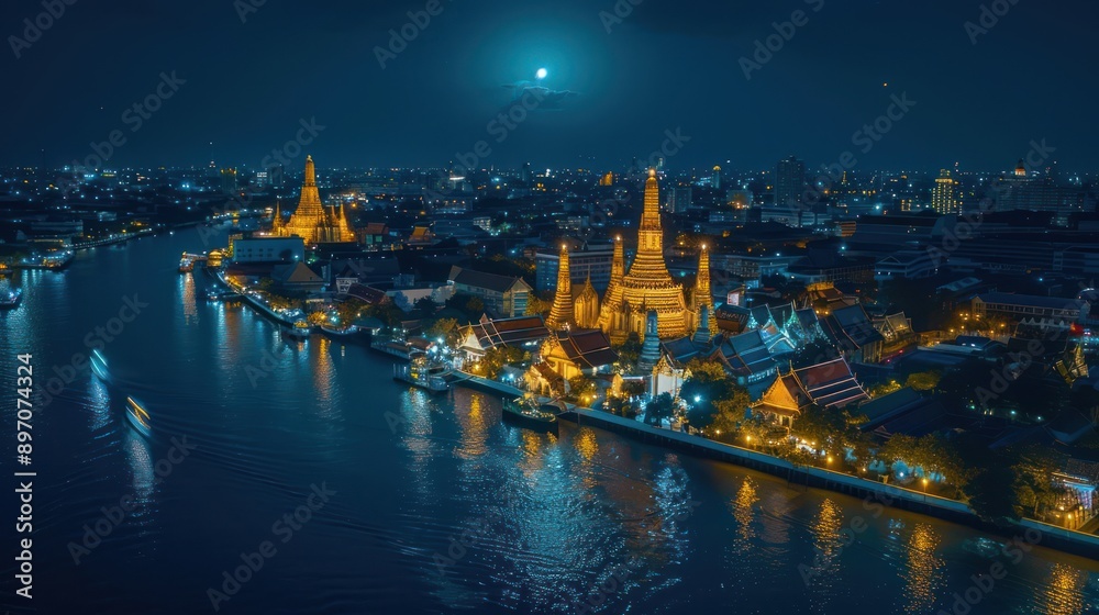 Fototapeta premium Take photos of the beautiful Wat Arun Ratchawararam Ratchawarawihan in Bangkok, Thailand.