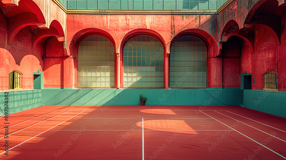 Fototapeta premium A Classic Tennis Court with Green and Red Tracks, Central White Court, Orange Walls, and a Semicircular Portal, Set Against a Hilltop View and Clear Blue Sky