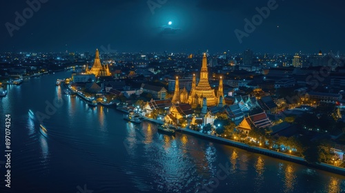 Take photos of the beautiful Wat Arun Ratchawararam Ratchawarawihan in Bangkok, Thailand.