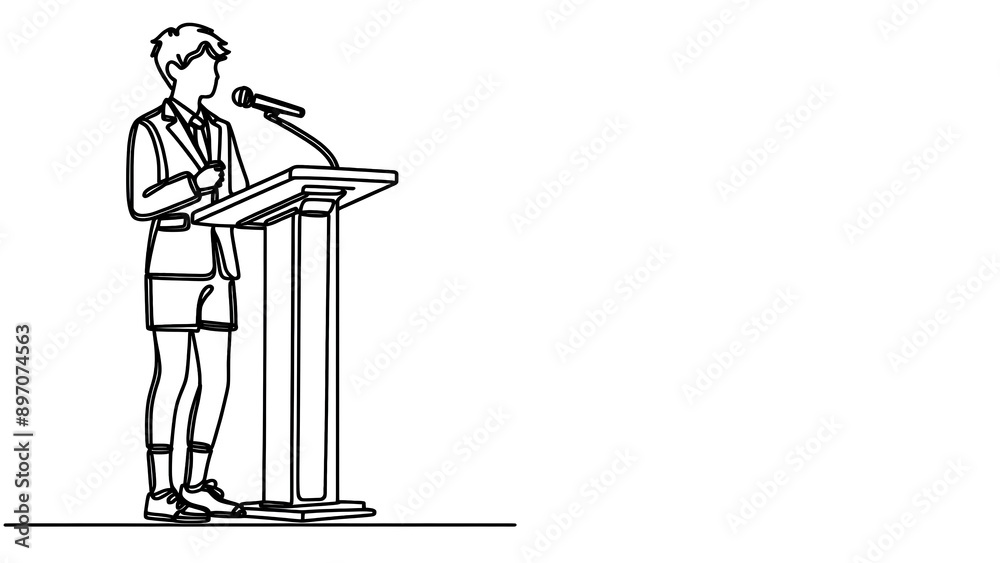 continuous single line art drawing of a college student participating in debate, standing at podium with microphone. single line art vector. Back to school themed Illustration concept. continuous single line art drawing of a college student participating in debate, standing at podium with microphone. single line art vector. Back to school themed Illustration concept.