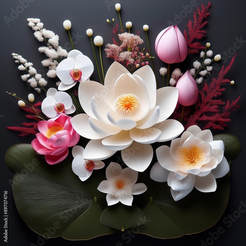 A Japanese flower arrangement using Lotus Blossom, Cherry Blossom, Orchid, and Baby’s Breath