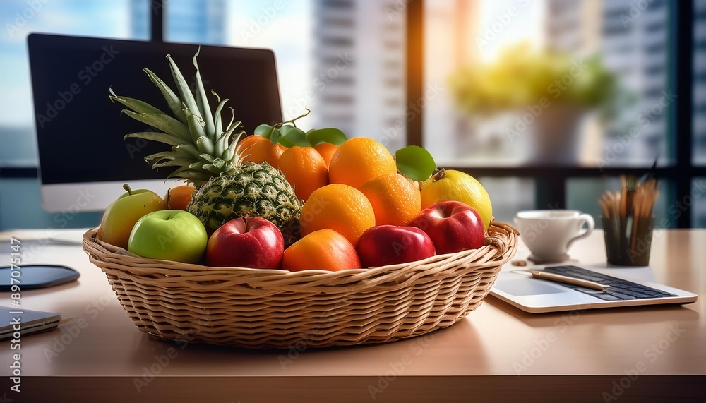 Healthy Workspace: Basket of Fresh Fruit on Office Desk Healthy Workspace: Basket of Fresh Fruit on Office Desk