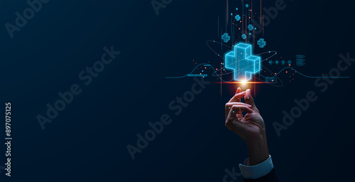 Businessman holding virtual blue plus sign to offer positive thing with thinking mindset or healthcare insurance symbol concept, like benefits, personal development, health insurance, growth concepts.