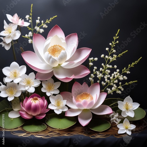 A Japanese flower arrangement using Lotus Blossom, Cherry Blossom, Orchid, and Baby’s Breath