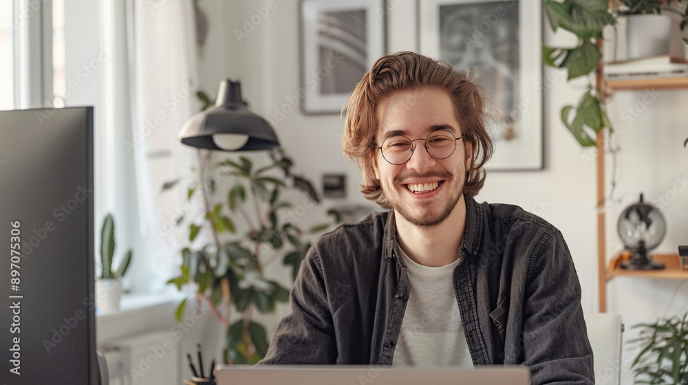 Attractive person working in a smart home office, with a modern desk setup Attractive person working in a smart home office, with a modern desk setup