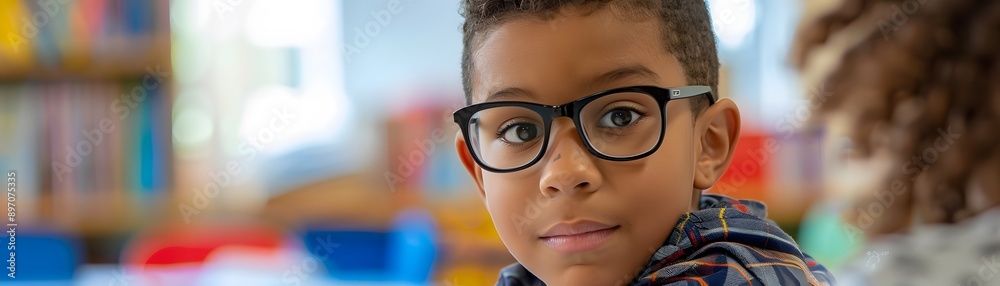Curious young student with glasses in a classroom setting, engaging and learning, surrounded by books and educational materials. Curious young student with glasses in a classroom setting, engaging and learning, surrounded by books and educational materials.