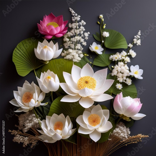 A Japanese flower arrangement using Lotus Blossom, Cherry Blossom, Orchid, and Baby’s Breath