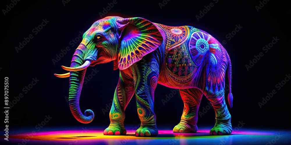Fototapeta premium Psychedelic UV neon elephant with vibrant colors and patterns, psychedelic, UV, neon, elephant, vibrant, colors