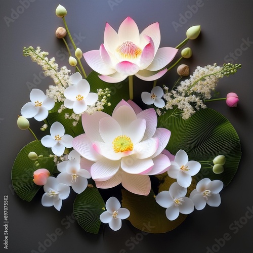 A Japanese flower arrangement using Lotus Blossom, Cherry Blossom, Orchid, and Baby’s Breath