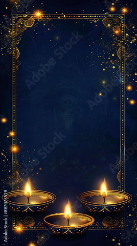 Elegant Diwali card design with a midnight blue background, embellished with intricate gold borders, glowing diya lamps, and subtle twinkling stars. Oriental festival of lights. Ramadan photo